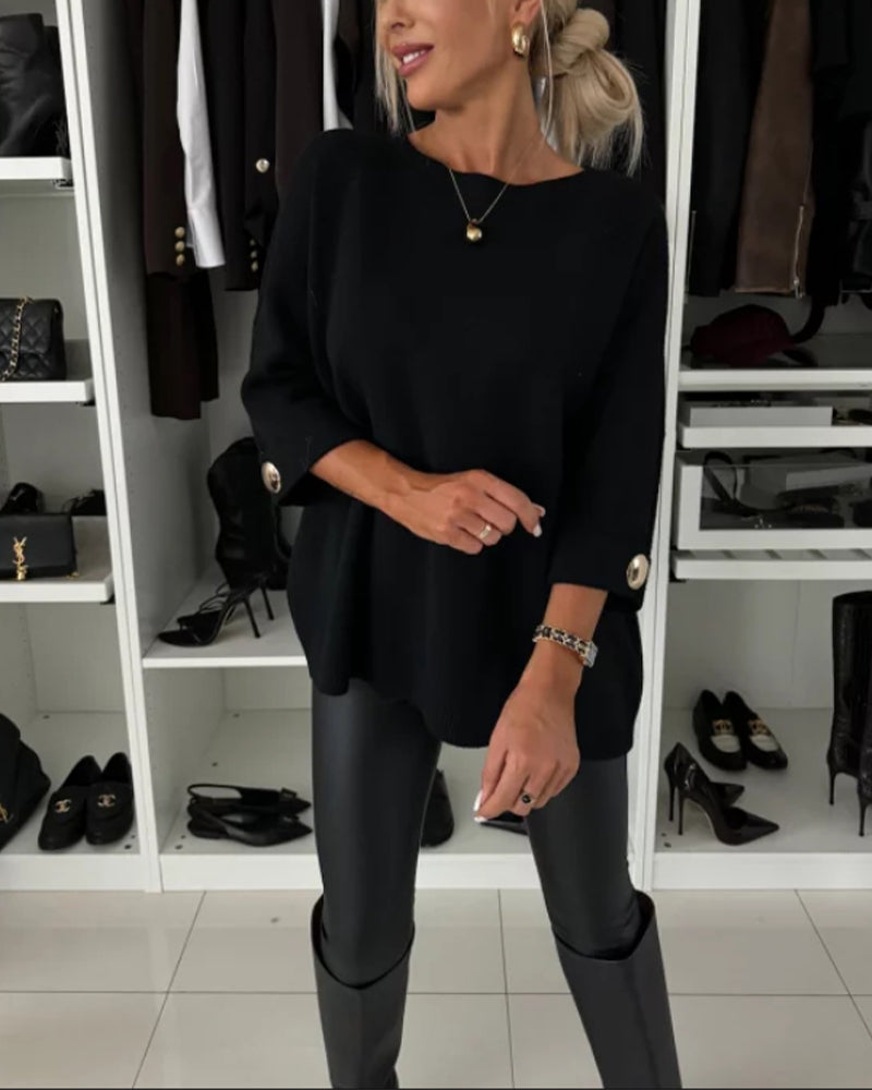 Maglione donna con scollo rotondo, manica 3/4, bottoni