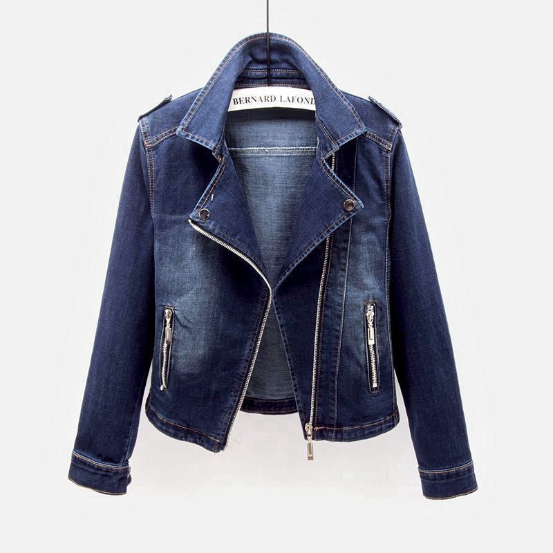 Bikerjakke i denim til damer med revers og lynlåse