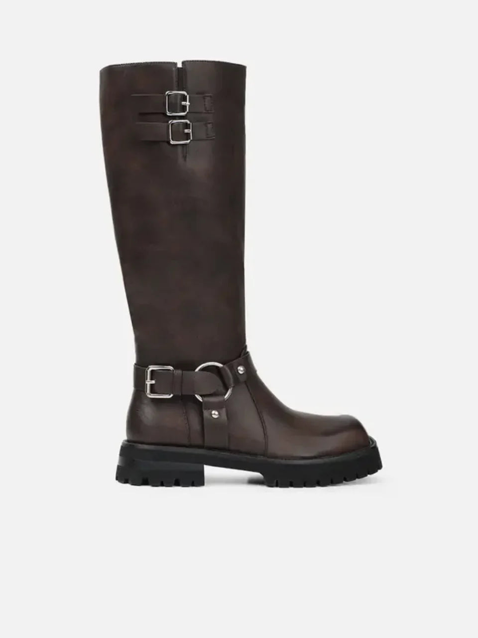 Botas de mulher estilo motard com fivelas, castanhas