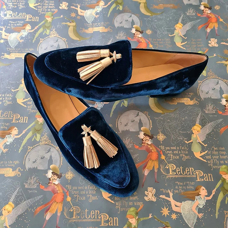 Mocassini donna piatti blu navy con frange