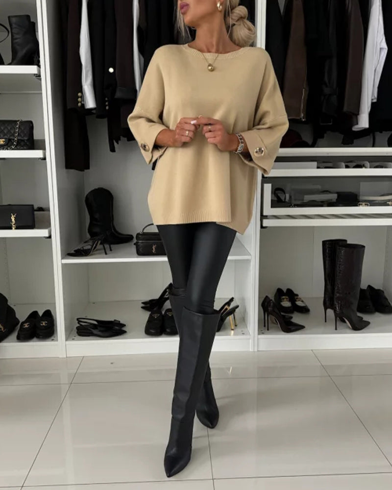 Maglione donna con scollo rotondo, manica 3/4, bottoni
