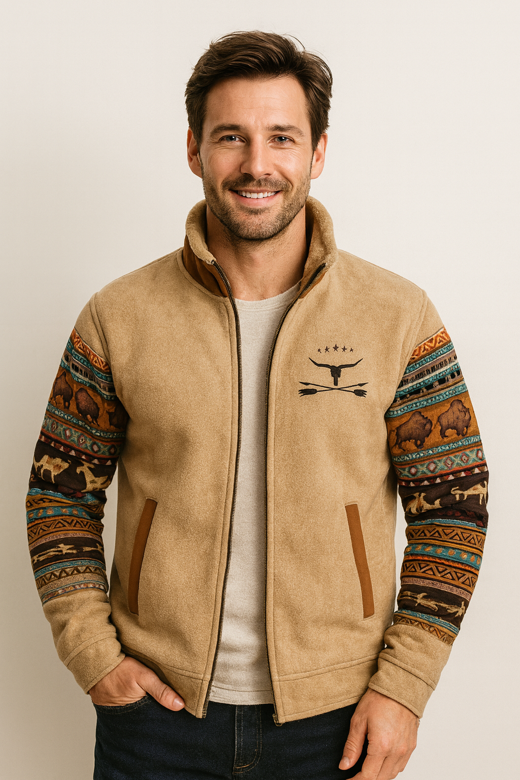 Sudadera de hombre con cuello alto, cremallera y mangas estampadas