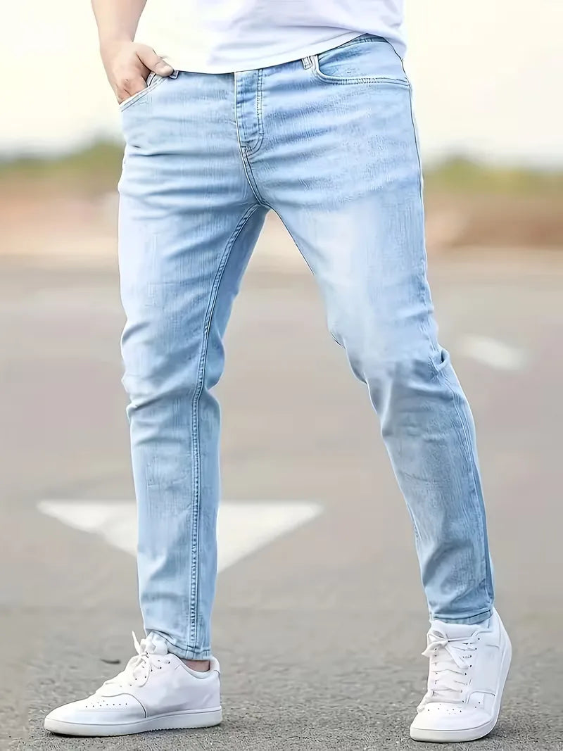 Męskie jeansy slim fit z pięcioma kieszeniami i długimi nogawkami