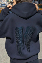 Sweatshirt com capuz de mulher com corte folgado e asas decorativas