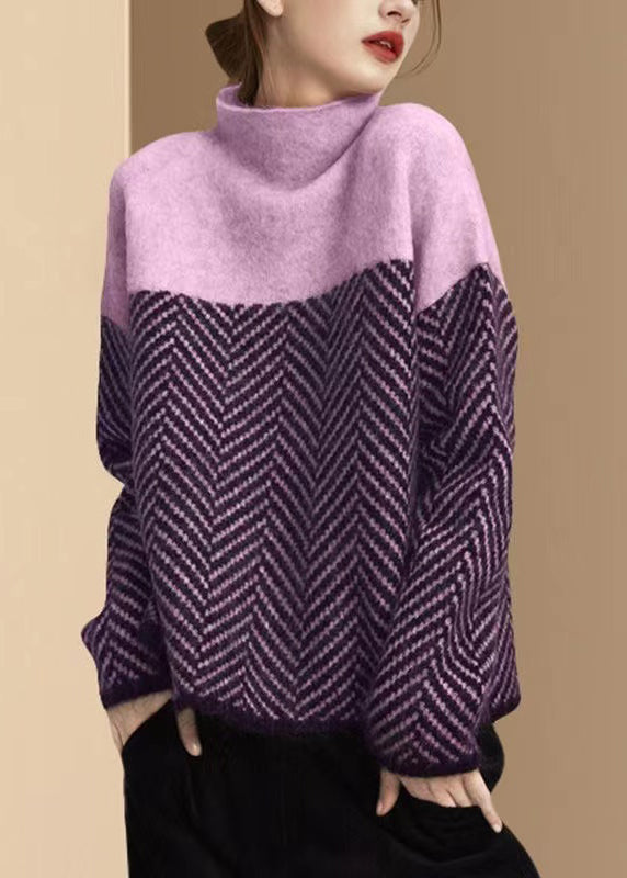 Maglione donna a collo alto con motivo spigato, maniche lunghe