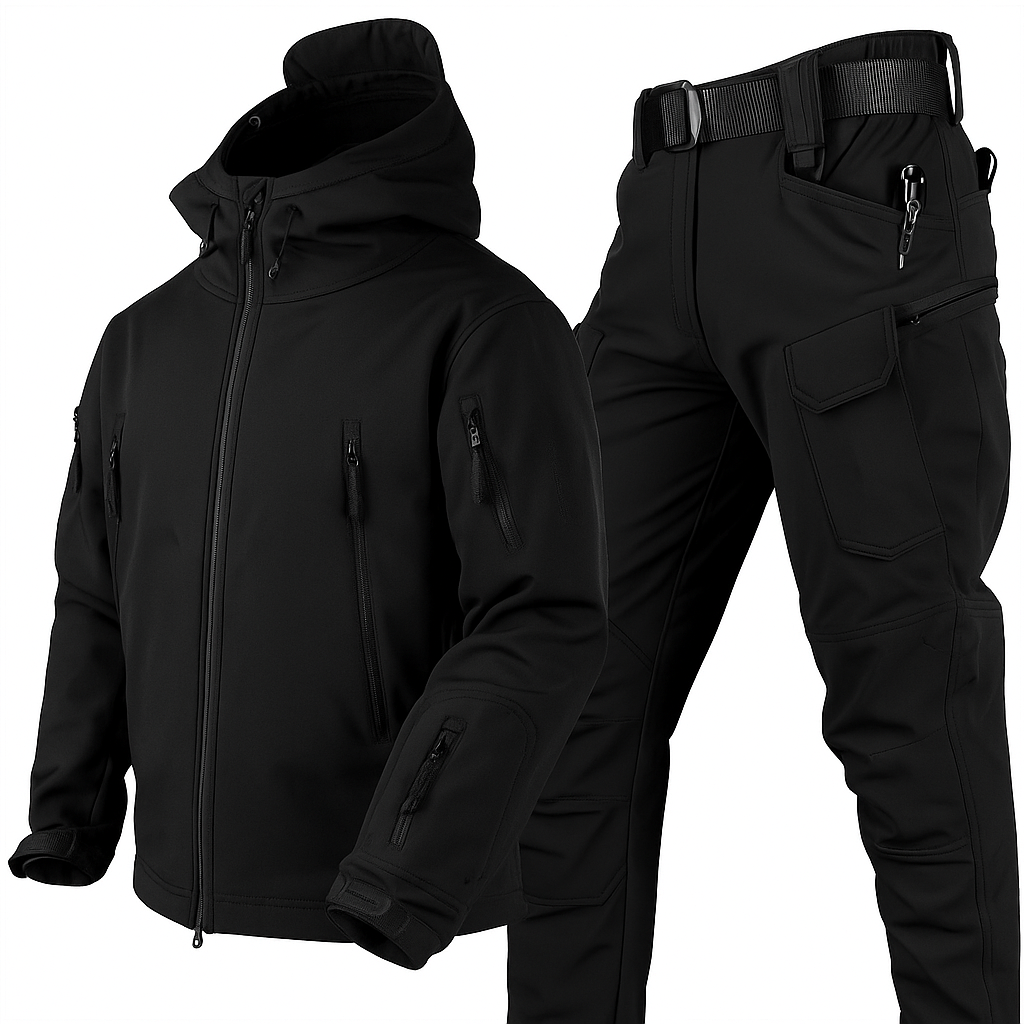 Conjunto outdoor de homem com casaco com capuz e calças cargo
