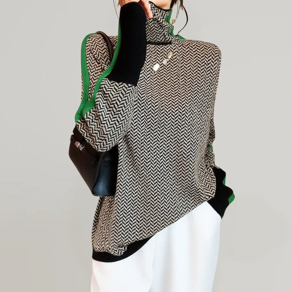 Pull femme à col roulé, motif graphique, manches contrastées