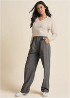 Pull court femme col V, manches longues