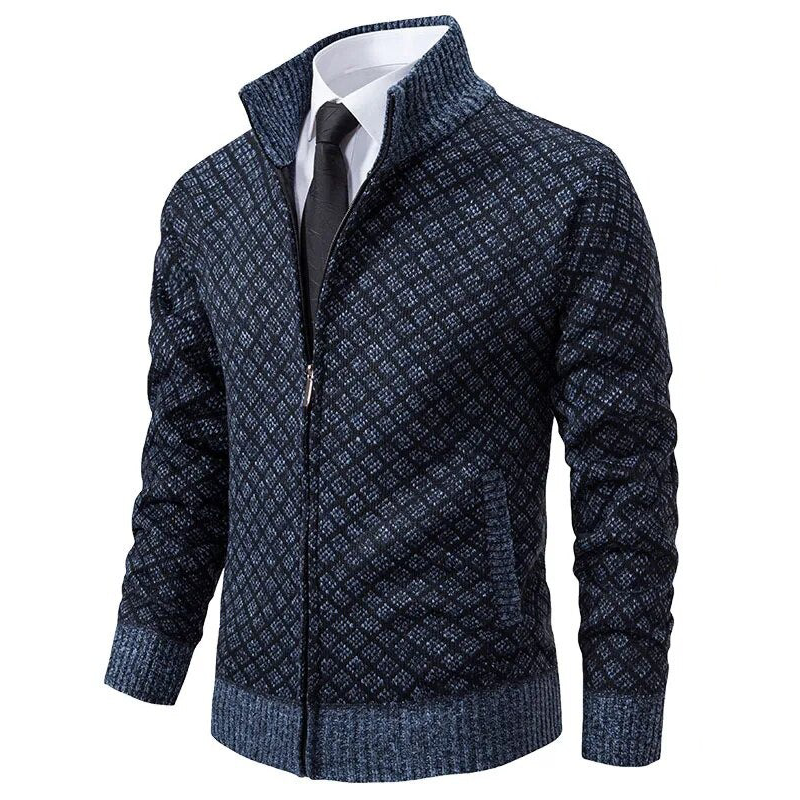 Maglione uomo con motivo geometrico, collo a listino e zip