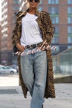Abrigo midi de mujer de estampado de leopardo con solapas y manga larga