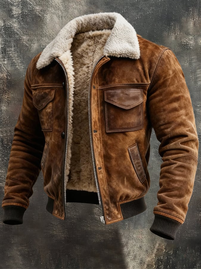 Brązowa męska kurtka pilotka z jasnym kołnierzem, zamkiem i kieszeniami