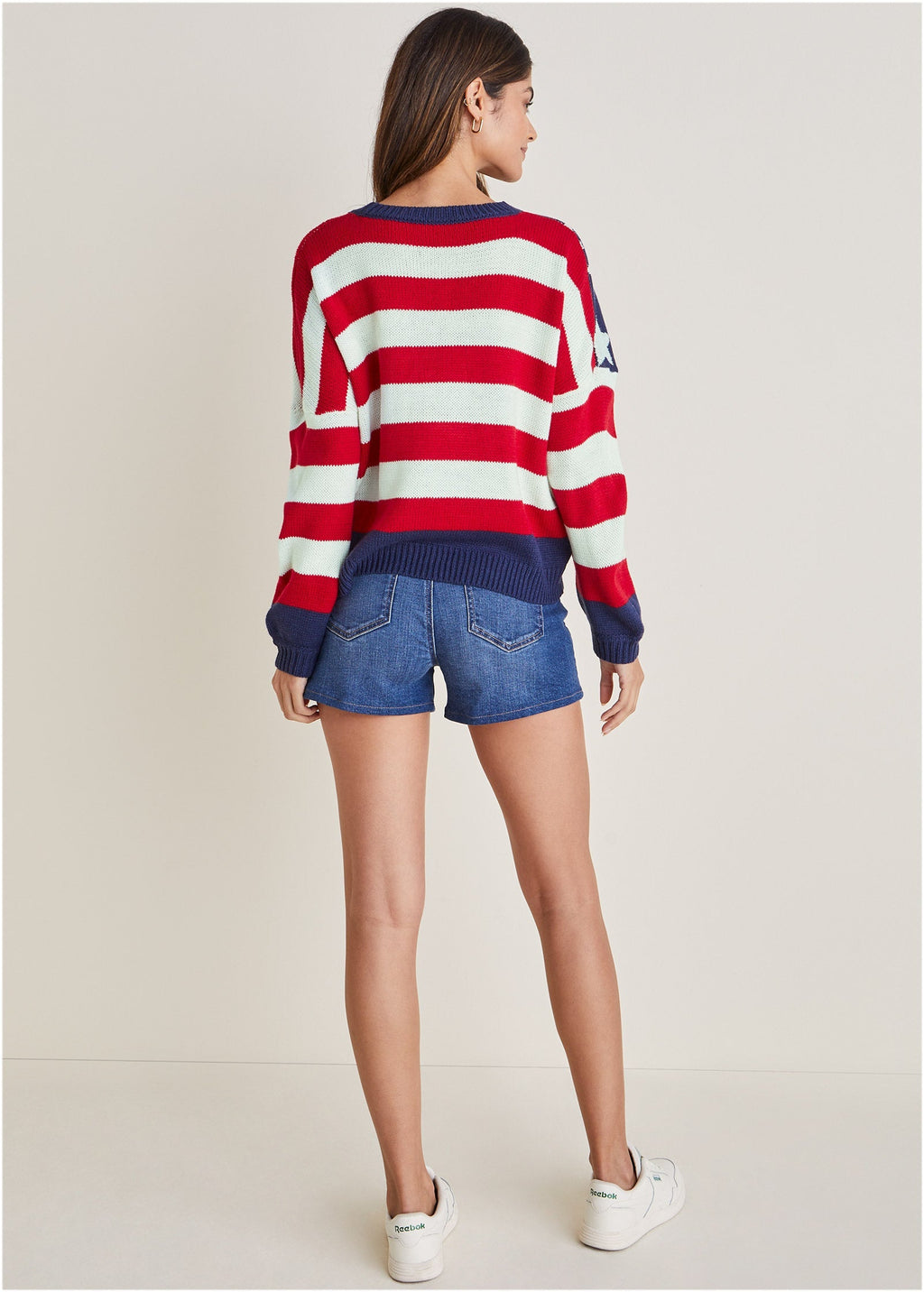 Maglione donna con stelle e righe, scollo rotondo, maniche lunghe
