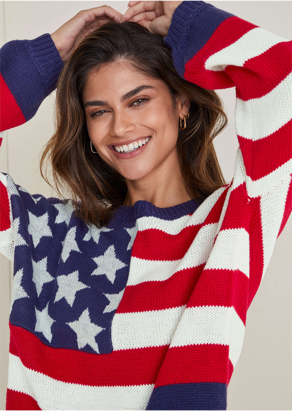 Maglione donna con stelle e righe, scollo rotondo, maniche lunghe
