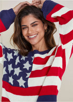 Maglione donna con stelle e righe, scollo rotondo, maniche lunghe