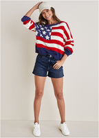 Maglione donna con stelle e righe, scollo rotondo, maniche lunghe