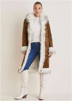 Manteau femme à col et bordures pelucheuses