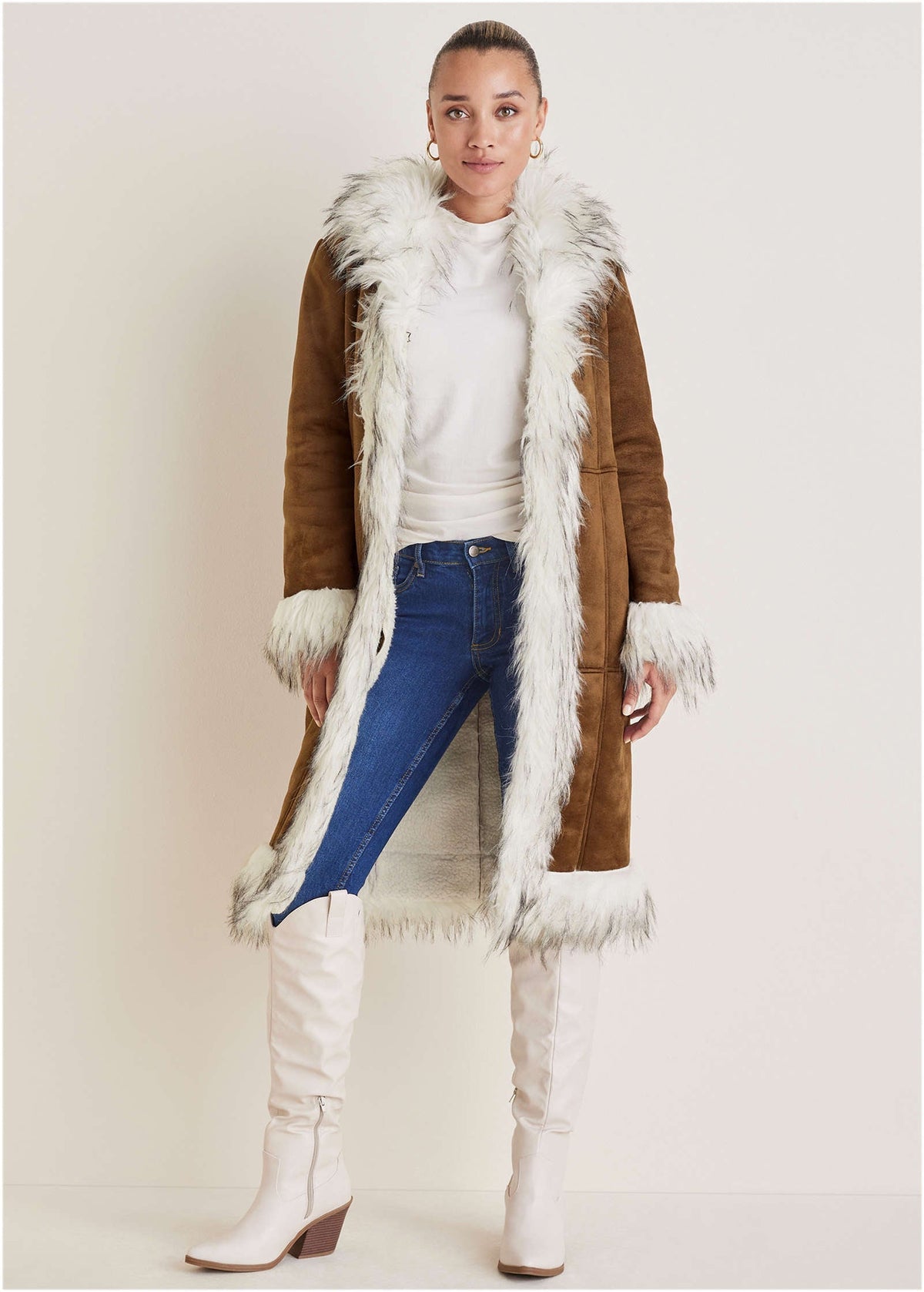Manteau femme à col et bordures pelucheuses
