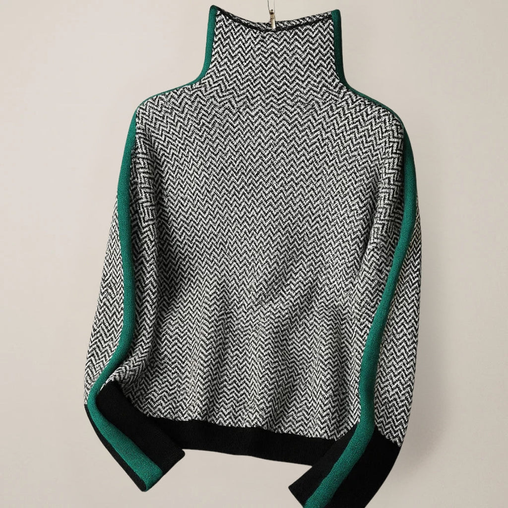 Pull femme à col roulé, motif graphique, manches contrastées