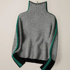 Pull femme à col roulé, motif graphique, manches contrastées