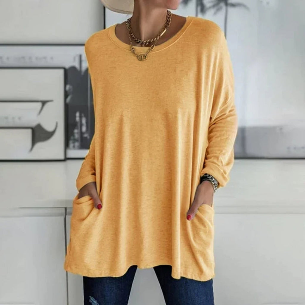 Damski sweter oversize z okrągłym dekoltem, rękawami trzy czwarte i kieszeniami