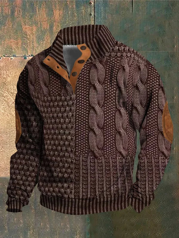 Męski sweter dzianinowy ze wzorem warkoczowym, stójką i guzikami