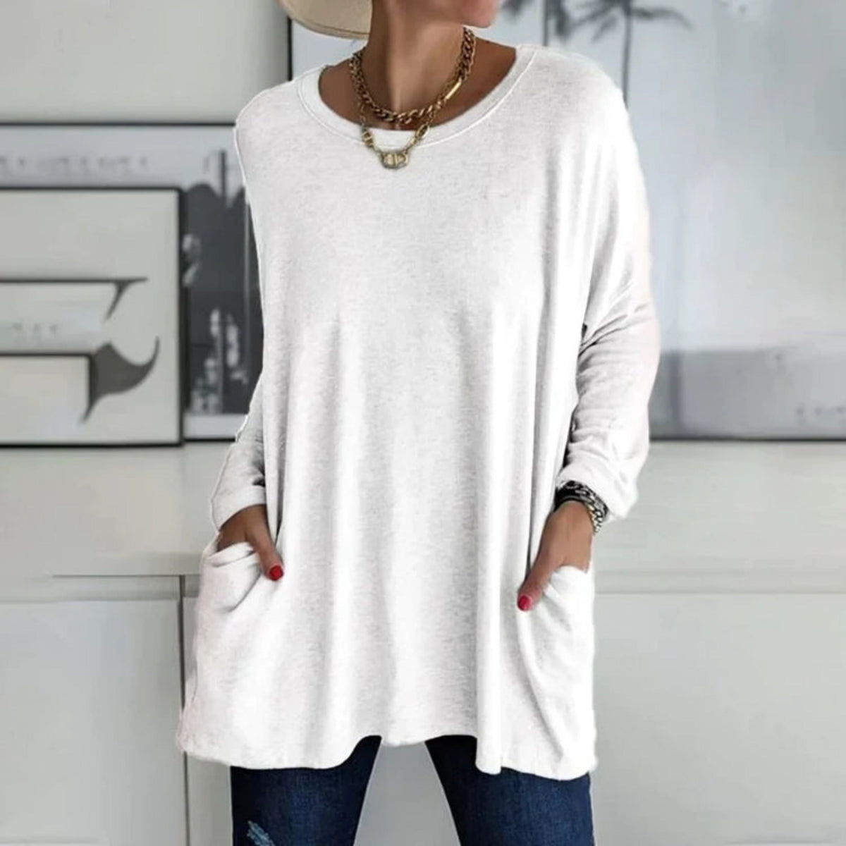 Damski sweter oversize z okrągłym dekoltem, rękawami trzy czwarte i kieszeniami