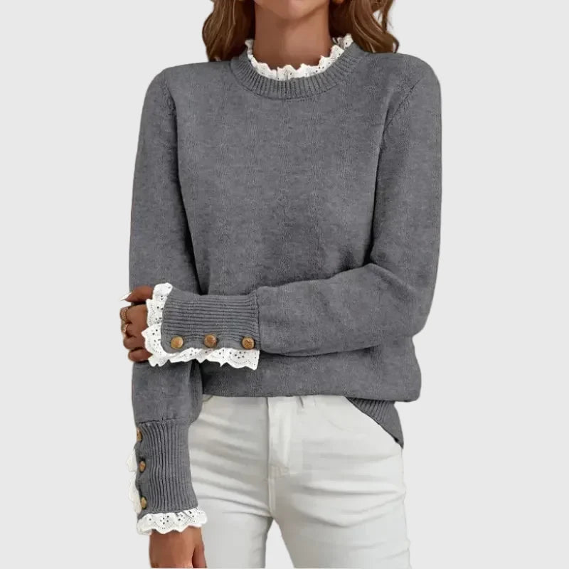 Pull en maille femme à finition dentelle, col rond