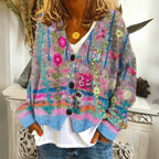 Cárdigan de mujer de punto con flores, escote en V y botones