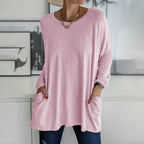 Damski sweter oversize z okrągłym dekoltem, rękawami trzy czwarte i kieszeniami
