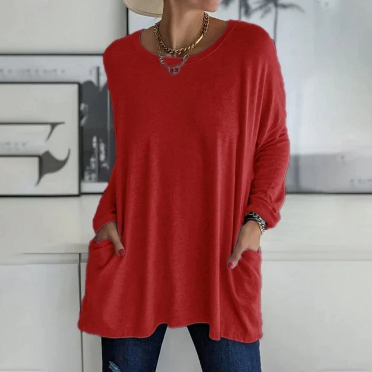 Damski sweter oversize z okrągłym dekoltem, rękawami trzy czwarte i kieszeniami
