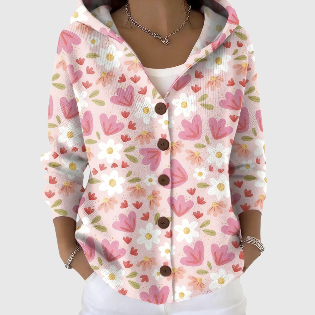 Cardigan til damer med hætte og mønster af blomster og hjerter