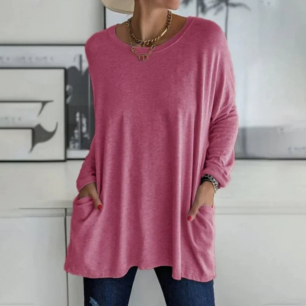Damski sweter oversize z okrągłym dekoltem, rękawami trzy czwarte i kieszeniami