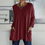 Damski sweter oversize z okrągłym dekoltem, rękawami trzy czwarte i kieszeniami