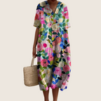 Rochie de vară înflorată de damă, croi vaporos, pentru zi cu zi