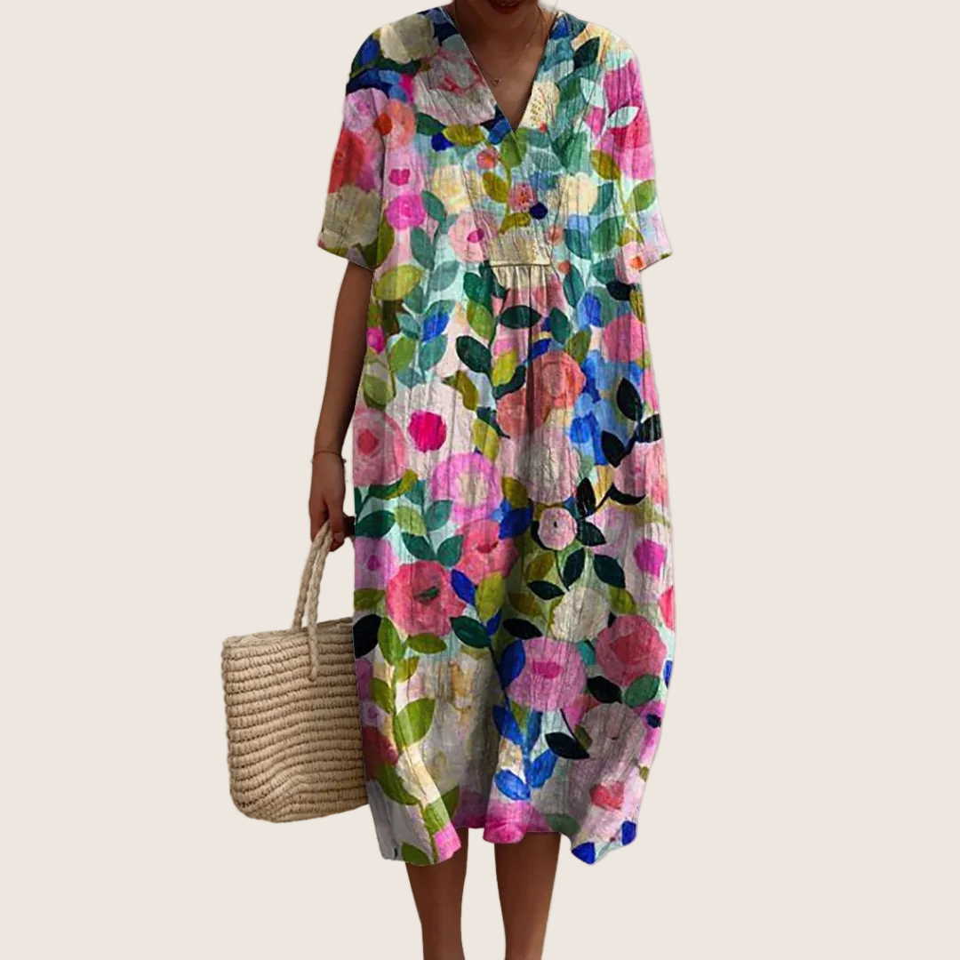 Rochie de vară înflorată de damă, croi vaporos, pentru zi cu zi