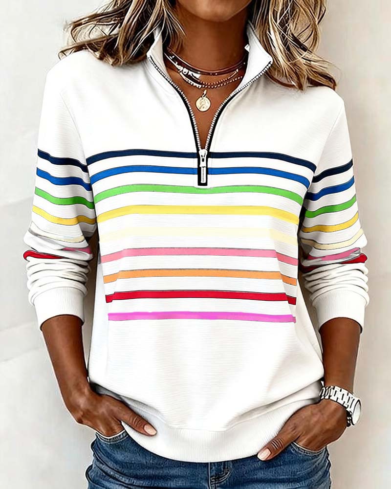Stribet sweatshirt til damer med høj krave og lynlås
