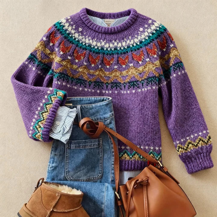 Pull femme violet à motifs et col rond
