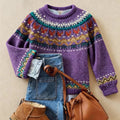 Pull femme violet à motifs et col rond