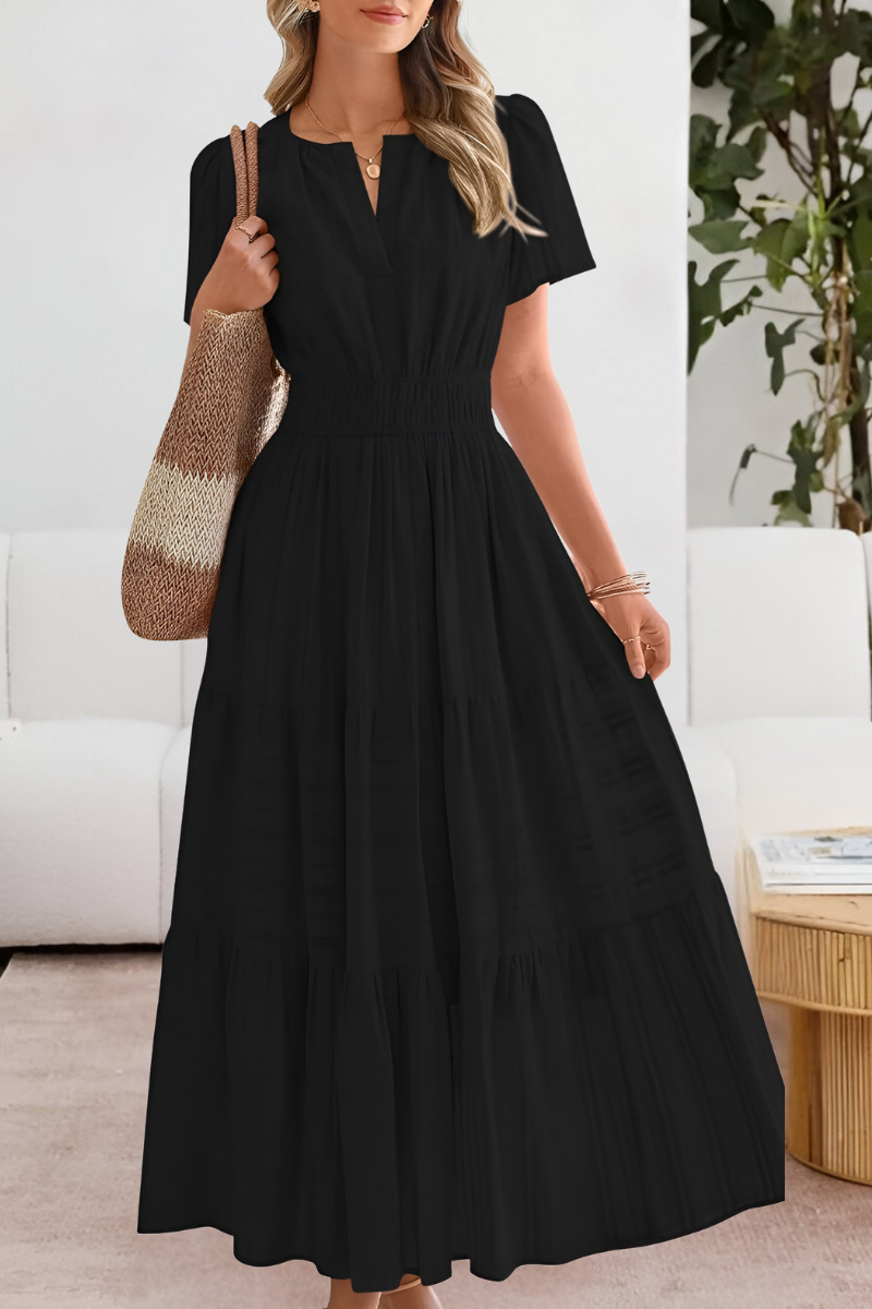 Vestito midi boho donna, vita arricciata, gonna a strati