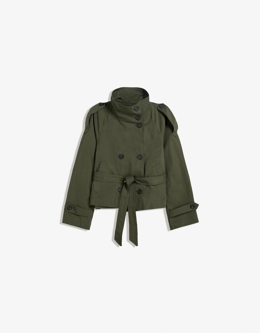 Giacca donna corta in stile trench doppiopetto con cintura