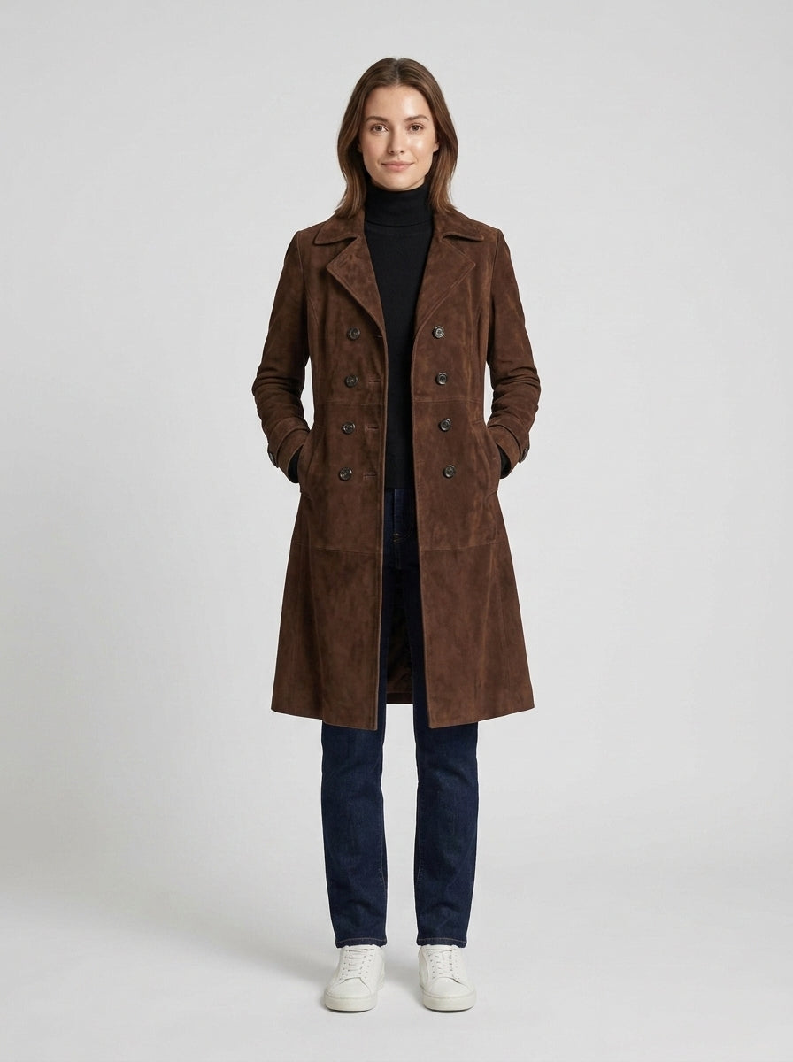 Manteau long femme à boutons et poches latérales