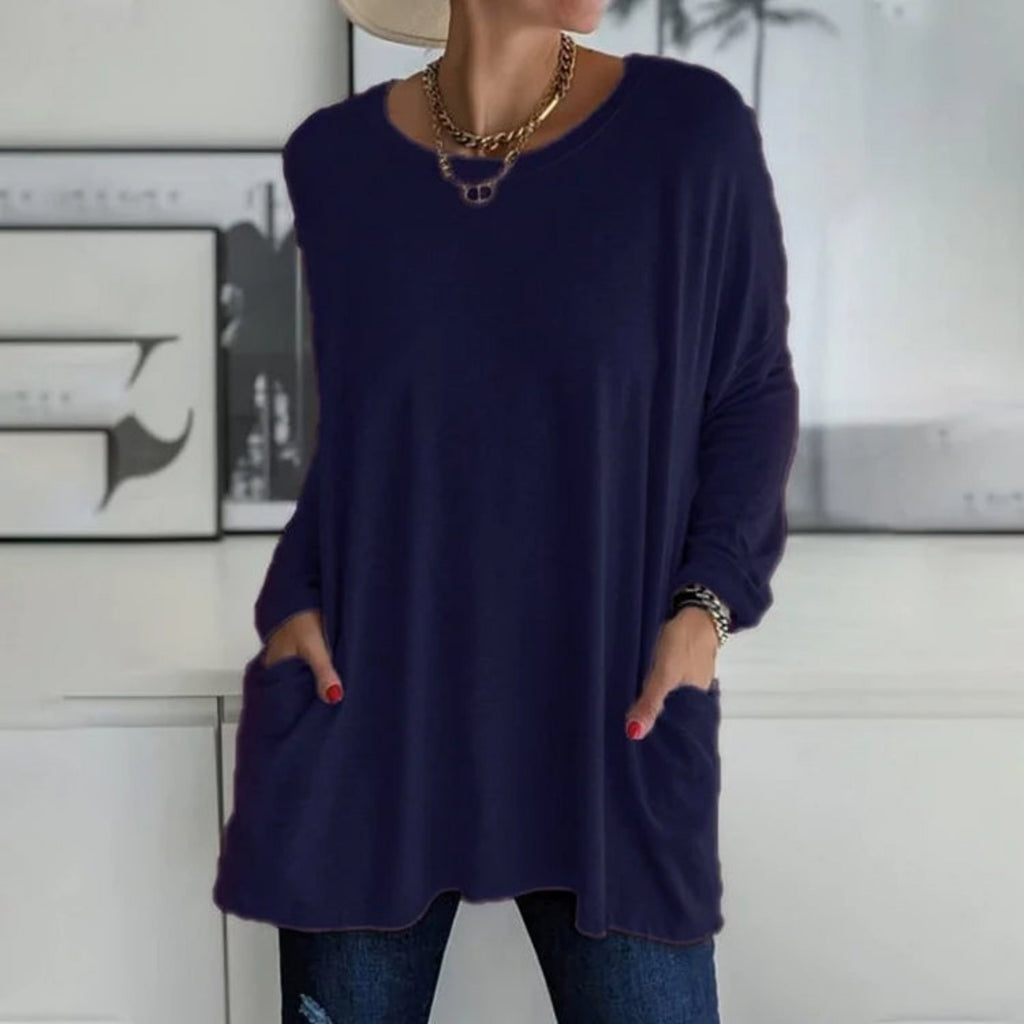 Damski sweter oversize z okrągłym dekoltem, rękawami trzy czwarte i kieszeniami
