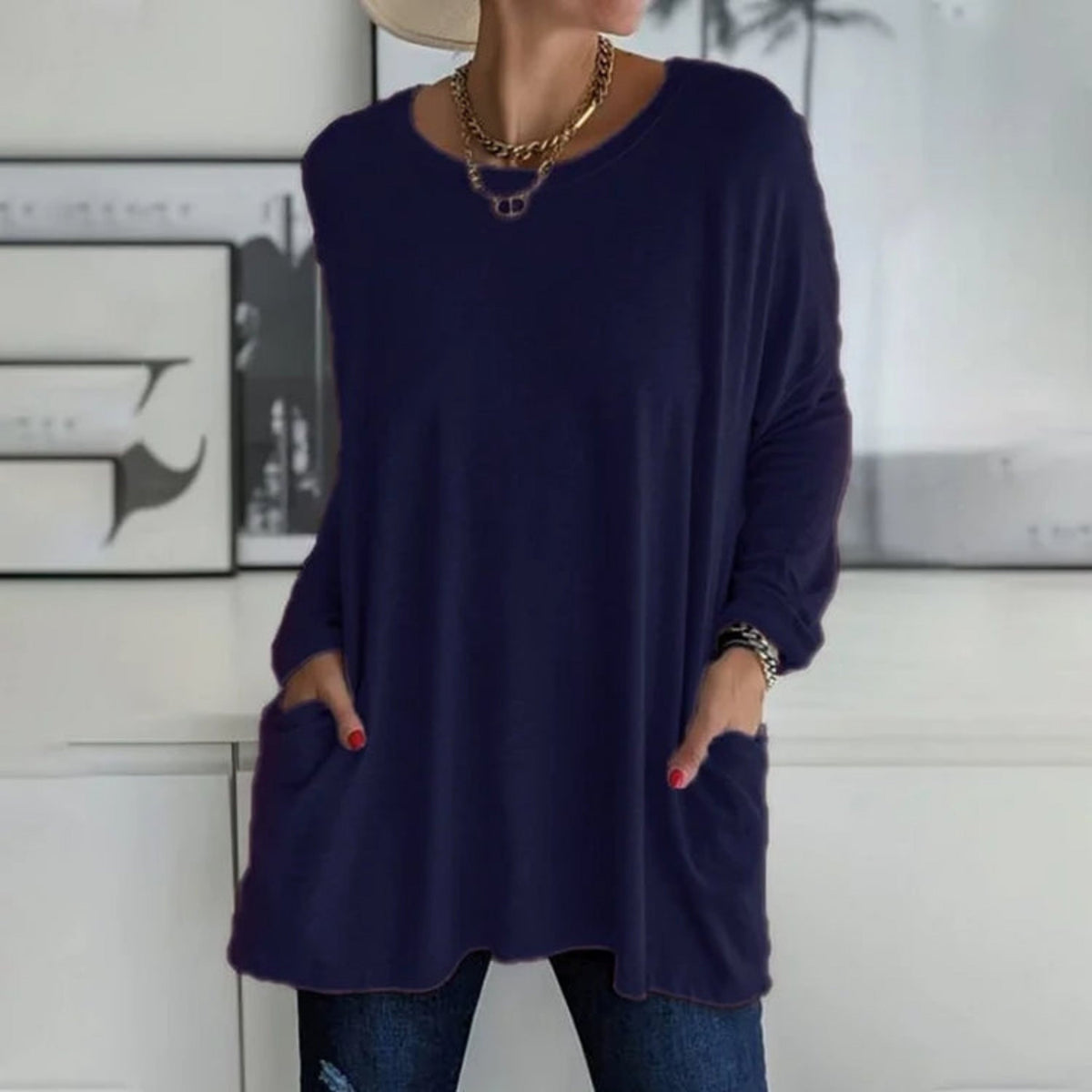 Damski sweter oversize z okrągłym dekoltem, rękawami trzy czwarte i kieszeniami