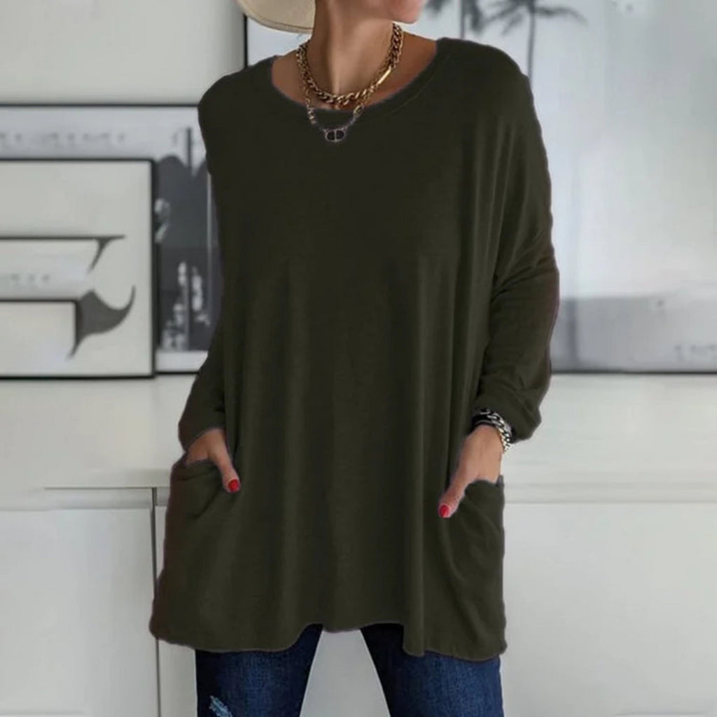 Damski sweter oversize z okrągłym dekoltem, rękawami trzy czwarte i kieszeniami