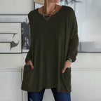 Damski sweter oversize z okrągłym dekoltem, rękawami trzy czwarte i kieszeniami