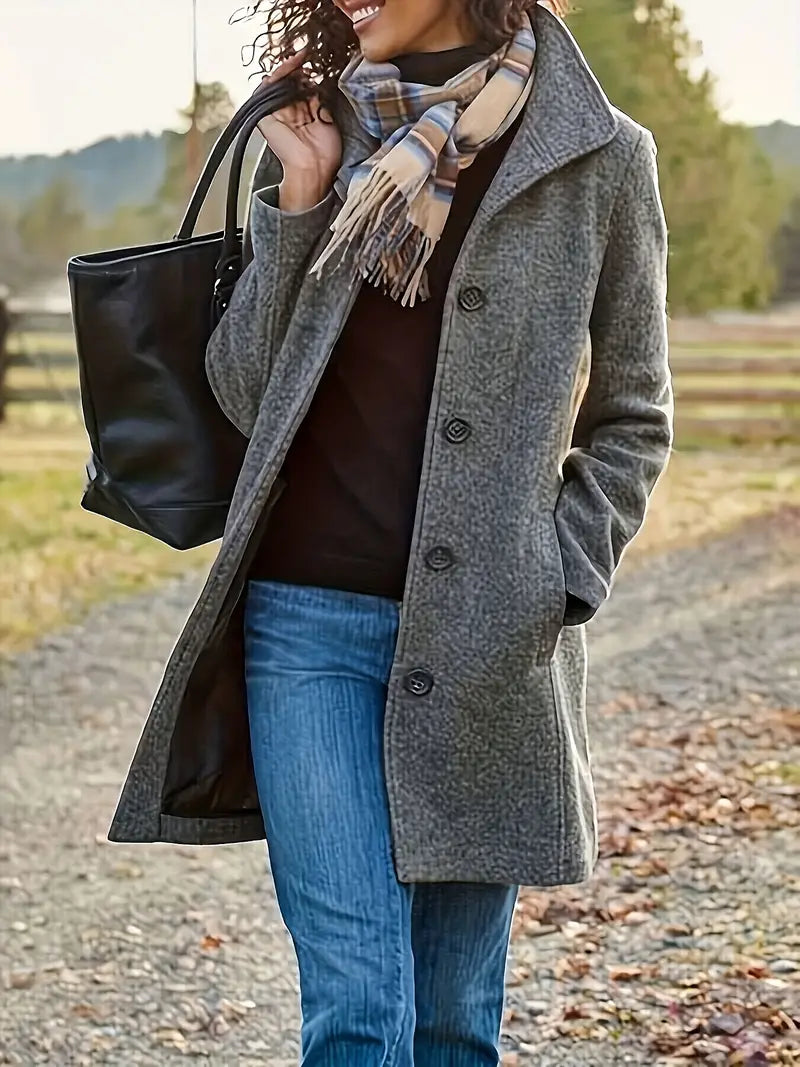 Manteau midi femme texturé, col à revers, boutons