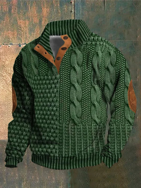 Męski sweter dzianinowy ze wzorem warkoczowym, stójką i guzikami