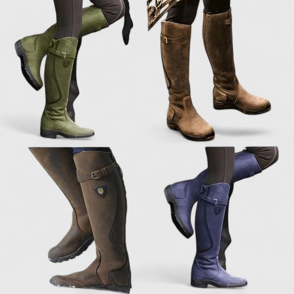 Botas de mulher até ao joelho com fivela e sola plana
