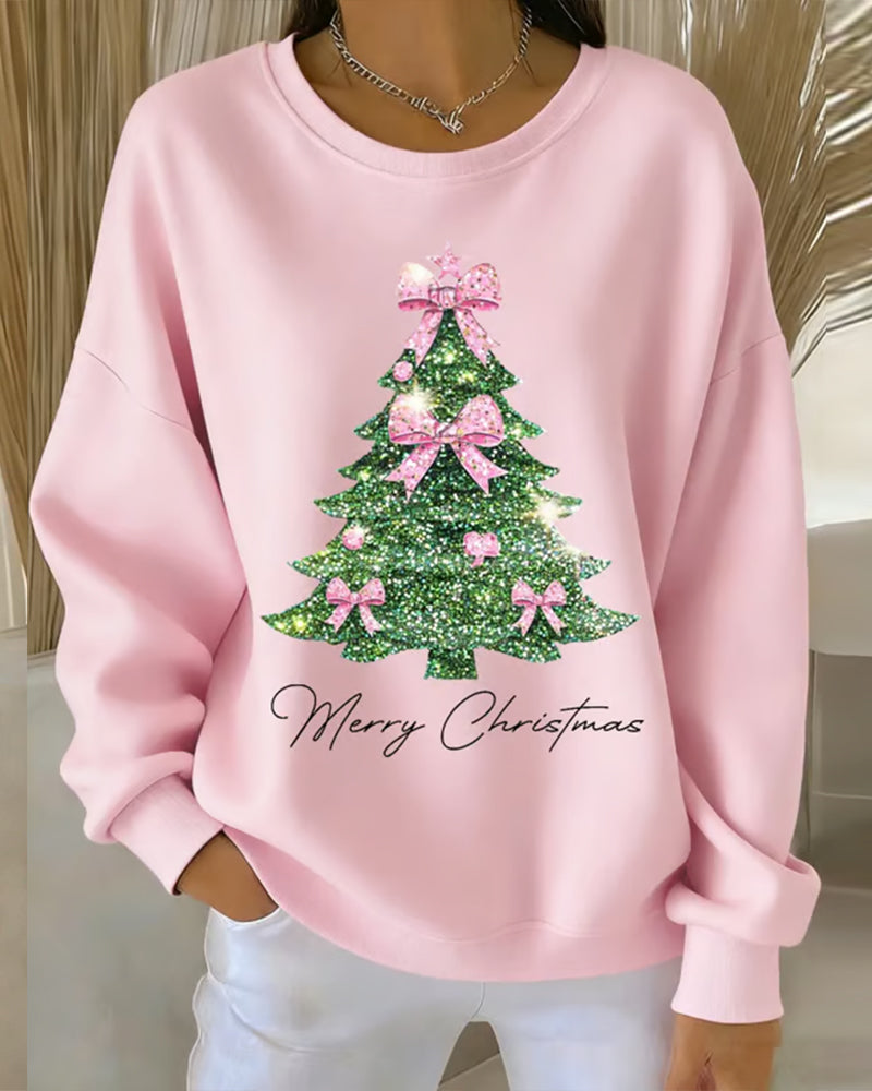 Sweatshirt til damer med juletræsprint og rund hals
