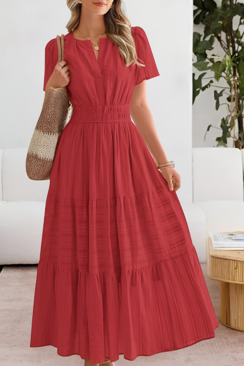 Vestito midi boho donna, vita arricciata, gonna a strati
